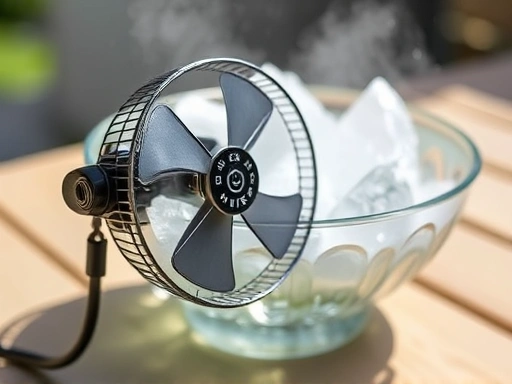 A close-up shot of a small electric fan positioned in front of a bowl filled with ice, creating a gentle, cool breeze, illustrating an efficient way to stay cool during summer.
