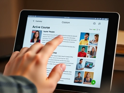 Close-up shot of a hand highlighting a section on a tablet screen showing an online course interface, emphasizing active learning and free self-improvement with focused attention.