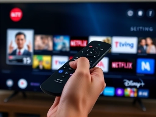 A close-up shot of a hand holding a sleek smart TV remote, with the TV screen in the background displaying a user interface filled with distinct app icons of popular OTT streaming services, such as Netflix, Tving, and Disney+. The focus is on the ease of selecting content and the modern feel of the interface.