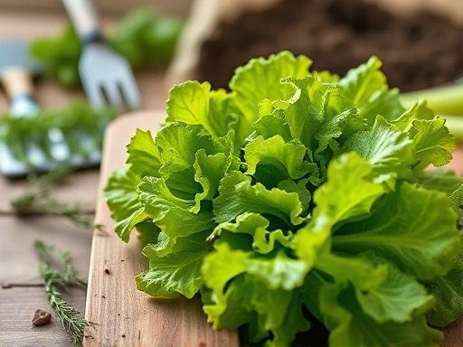 A close-up shot of freshly harvested, vibrant green lettuce and aromatic herbs, neatly arranged on a wooden table with blurred soil and small gardening tools in the background. Focus on the texture and freshness of the vegetables. SEO keywords: freshly harvested, organic vegetables, healthy eating, home gardening produce.