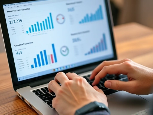 A close-up shot of hands typing on a laptop keyboard, with the screen displaying various charts and graphs, representing online sales performance, strategic planning, and business growth on a digital platform.