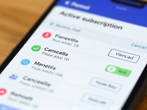 A close-up shot of a smartphone screen displaying a user-friendly subscription management app, showing a clear list of active subscriptions, monthly costs, and cancellation options, with a focus on ease of use and immediate action.