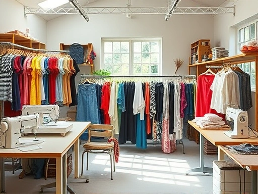 A bright and airy workshop where old clothes are being transformed into new fashion items, with various textiles, sewing machines, and creative designs on display, highlighting clothes reform and sustainable fashion.