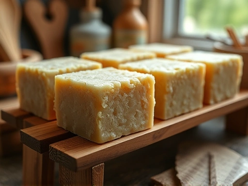 Close-up, detailed shot of freshly made, rustic cold process shampoo bars curing on a wooden rack, with a blurred background showing a cozy crafting space. Emphasize the texture and natural look of the bars.