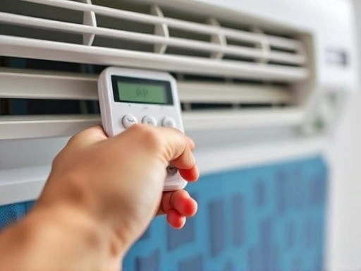 Close-up of a hand adjusting an air conditioner remote control with a cool mat visible in the background, emphasizing smart energy management and personal comfort.