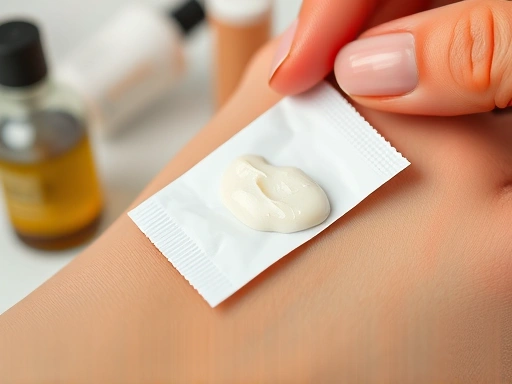 Close-up shot of a hand applying a small amount of cosmetic cream from a sample sachet onto skin, with other mini product containers blurred in the background, focusing on texture and trial. Detailed and clear.