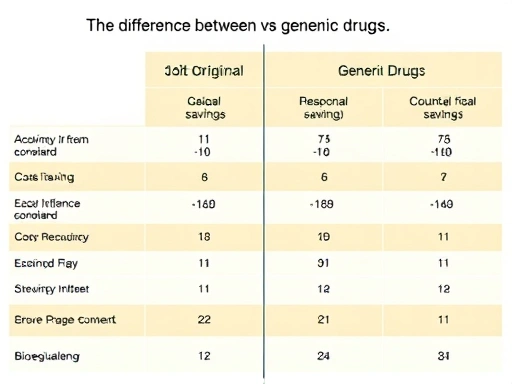 A detailed comparison table showing the differences and similarities between original and generic drugs, highlighting cost savings and bioequivalence, with a clear focus on financial benefits.