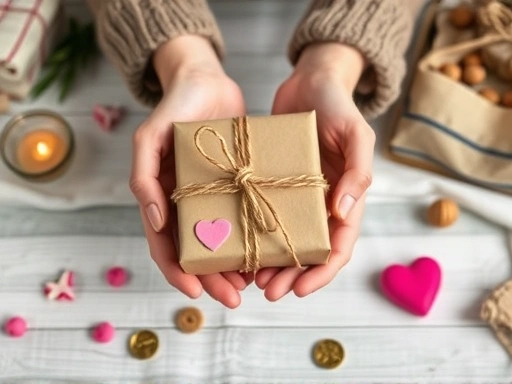 A close-up of hands crafting a heartfelt DIY gift, with various budget-friendly materials around, showcasing creative cost-saving gift ideas and the personal touch of handmade presents.