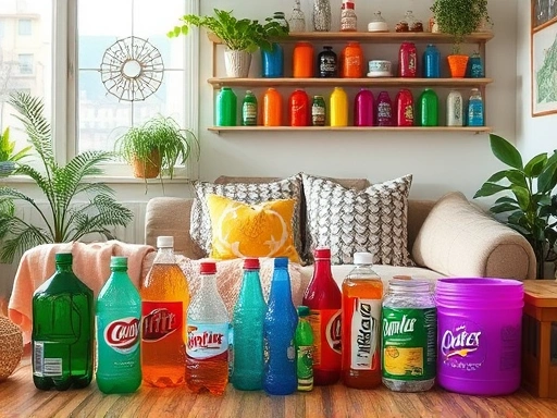 A creative home environment where various colorful items are repurposed from recycled PET bottles and plastic containers, showcasing practical and artistic reuse, with a focus on sustainable living and DIY projects.
