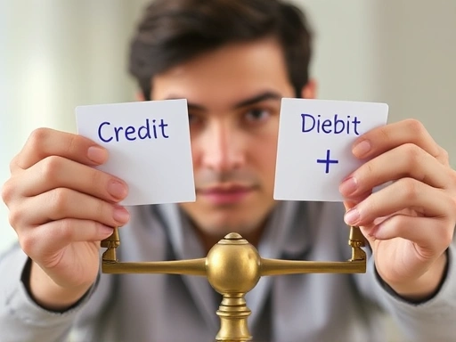 A person looking at two cards, one credit and one debit, balancing them on a scale, with money symbols in the background, representing financial decision-making for saving money.