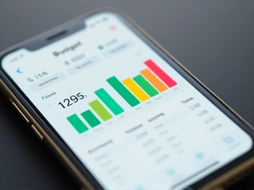 A close-up shot of a smartphone screen displaying a user-friendly budgeting app interface with colorful charts and expense categories, reflecting digital financial management.