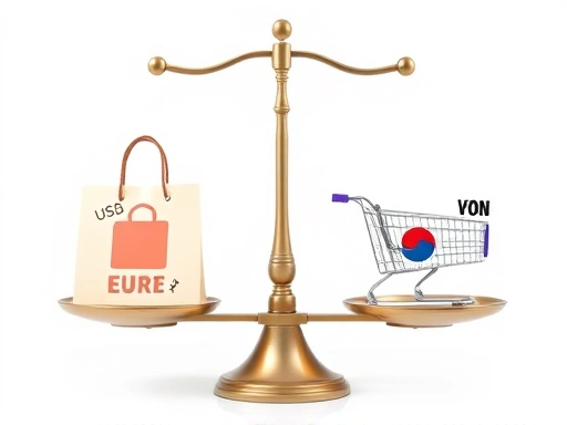 A balanced scale with one side showing a shopping bag and currency symbols (USD, EUR) and the other side showing a Korean won symbol and a domestic shopping cart, representing direct international purchase vs. domestic purchase cost comparison, with a bright, clear background.