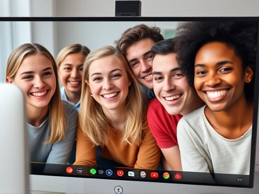 A close-up shot of a diverse group of young adults smiling and interacting happily on a computer screen during an online language exchange session, with clear video call interface elements.