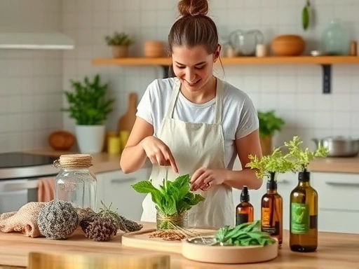 A person carefully mixing natural ingredients in a clean, well-lit kitchen, with various herbs and bottles on a wooden table, emphasizing a focus on homemade beauty.