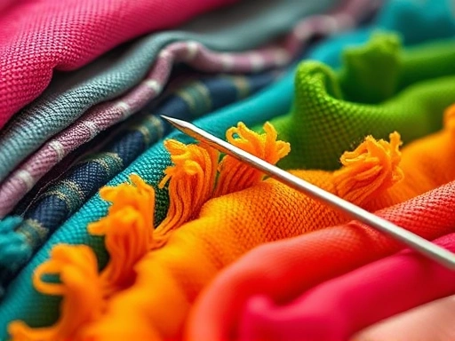 Close-up of neatly arranged, vibrantly colored fabric scraps, with a needle and thread poised to begin a project, highlighting the textures and patterns of the textiles. Keywords: fabric scraps, textiles, sewing tools, craft materials.