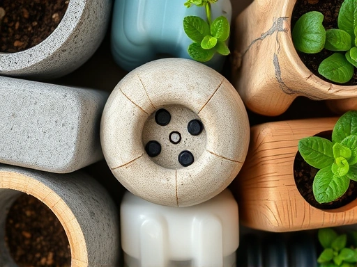 A close-up, top-down view of various DIY flower pots made from different materials like cement, plastic bottles, and natural wood, showing textures and shapes. Keywords: DIY flower pot, handmade planter, recycled garden, sustainable living.