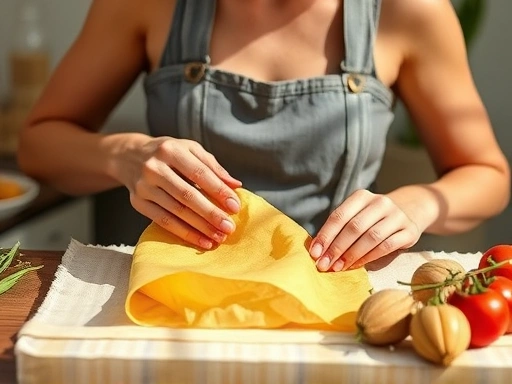 A person thoughtfully crafting a reusable beeswax wrap for food storage, with natural light and an emphasis on eco-friendly materials like cotton fabric and beeswax, conveying a sense of sustainability and homemade goodness.