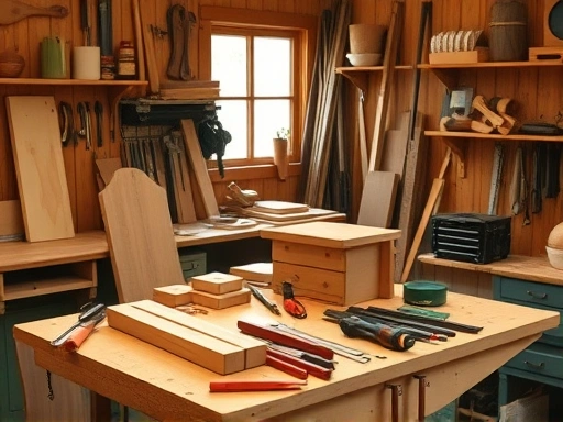 A cozy, well-lit workshop scene with various woodworking tools neatly arranged on a workbench, showing hands-on basic furniture making.
