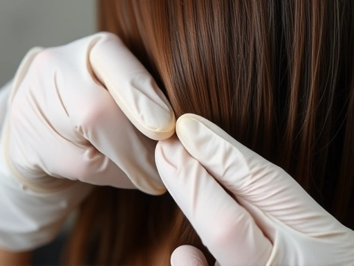 Close-up shot of hands wearing gloves, carefully sectioning hair and applying hair dye, with a focus on the texture of the product and the precision of the application, showing detailed DIY hair coloring.