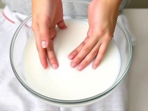 Close-up shot of a person's hands gently mixing a DIY eco-friendly laundry bleach solution in a glass bowl, showcasing the natural ingredients and a sense of freshness and sustainability.