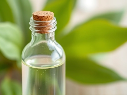 Close-up shot of a small glass bottle filled with clear, homemade natural preservative liquid, with a blurred background showing green plant leaves, highlighting the purity and natural essence of the DIY solution for safe product making.