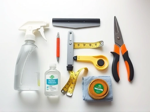 A detailed flat lay of essential tools for DIY window insulation film installation: spray bottle, squeegee, utility knife, measuring tape, cleaning solution, and microfiber cloth arranged neatly on a clean surface.