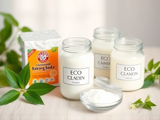 A bright, clean image of various eco-friendly cleaning ingredients like baking soda, citric acid, and sodium percarbonate in clear jars, arranged on a light wooden table with some green leaves for a natural feel.