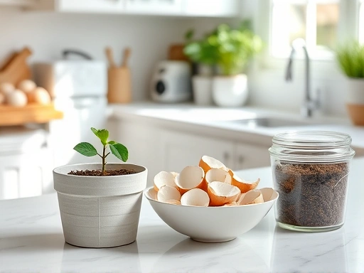 A bright, eco-friendly home kitchen with a small plant growing in a pot, next to a bowl of clean, crushed eggshells and a container of dried coffee grounds, emphasizing sustainable living and recycling. Focus on natural light and a neat, organized counter. Keywords: eggshells, coffee grounds, recycling, sustainable home, eco-friendly kitchen.