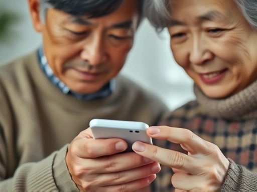 A close-up, dynamic shot of an elderly Korean couple using a smartphone health application, showing engagement with health management and digital tools for free healthcare.