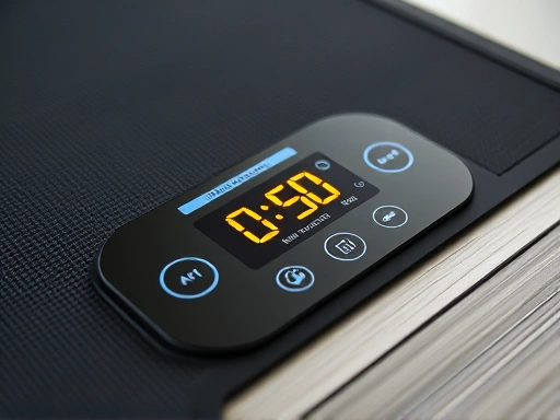 A close-up shot of a modern electric mat's digital control panel, displaying temperature settings and a timer function, highlighting its user-friendly and energy-saving features.