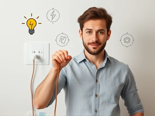 A person confidently unplugging a power cord from an outlet, with energy-saving symbols subtly in the background, illustrating electricity bill saving methods.