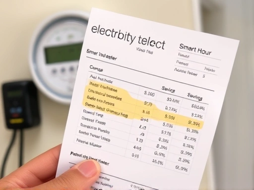 Close-up of a hand holding an electricity bill with highlighted sections showing peak hour charges and savings, a smart meter in the blurred background, financial planning, money saving.