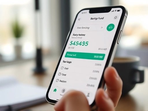 Close-up of a smartphone screen displaying a mobile banking app with a significant savings balance, indicating a well-managed emergency fund, set against a blurred background of a modern workspace.