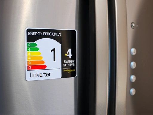 Close-up of a bright, clear energy efficiency grade 1 label on a modern refrigerator, highlighting the numerical rating and inverter technology, emphasizing the appliance's high energy-saving capabilities.