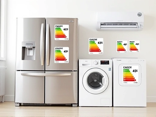 A vibrant image showing various modern home appliances like a refrigerator, washing machine, and air conditioner, all displaying clear energy efficiency labels, set in a bright, contemporary kitchen or utility room, focusing on sustainability.
