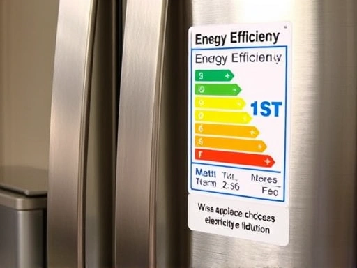 Close-up of an energy efficiency label on a modern refrigerator, highlighting the 1st grade, symbolizing wise appliance choices for electricity bill reduction.
