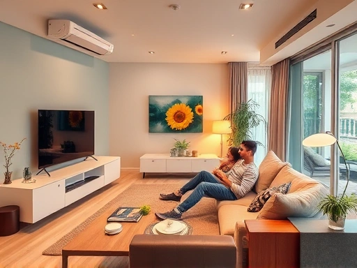 A modern, inviting home living room with a family enjoying comfort, featuring sleek, energy-efficient appliances like a smart TV and an air conditioner, showcasing their low energy consumption and futuristic design.