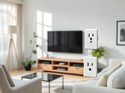 A modern living room with a smart TV setup, subtly showing a power-saving outlet, emphasizing energy efficiency and convenience, with natural light. Focus on electrical appliances and outlets.