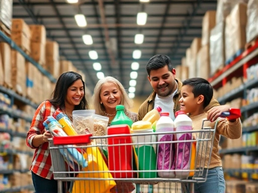 Close-up of a diverse family, including parents and children, happily looking at a large shopping cart filled with various bulk products inside a spacious, well-lit warehouse discount store, highlighting efficient family shopping.