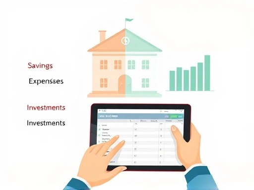 A split bank account illustration with different labeled sections for savings, expenses, and investments, balanced with a person managing finances on a digital tablet with a household ledger app open, showing efficiency and clarity.