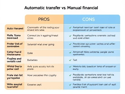 A detailed comparison table showing the pros and cons of automatic transfer vs. manual financial management, with clear icons and summary points, in a clean, modern financial app style.