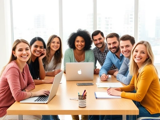 A diverse group of people, smiling and relaxed, sitting around a table with laptops and notebooks, symbolizing successful financial planning and budget management. The scene is bright and collaborative.