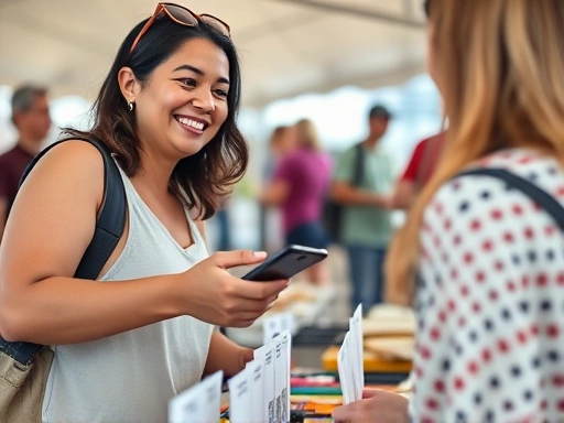 Close-up of a smiling vendor interacting with a customer at a flea market, showing a mobile payment QR code and neatly priced items on a table, soft natural light.