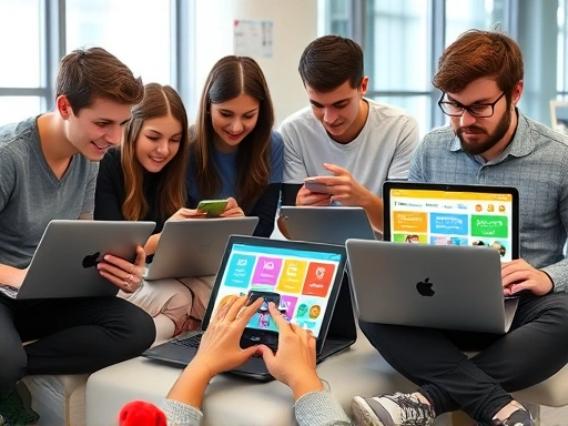 Diverse group of students from different backgrounds using laptops and smartphones to learn foreign languages, with colorful language learning apps open on screens, in a modern, well-lit study environment. Focus on collaborative and independent learning. SEO: foreign language learning apps, diverse students, modern study.