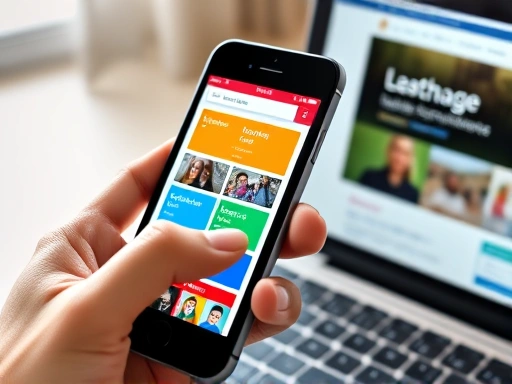 Close-up view of a smartphone screen displaying a foreign language learning app with a colorful interface, featuring an interactive lesson in progress, next to a laptop showing a language exchange website. Hands are lightly touching the screen. SEO: foreign language learning app, interactive lesson, language exchange website, close-up.