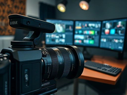 Detailed shot of a high-end camera, lenses, and a video editing workstation with multiple monitors, showcasing the tools of a professional freelance photographer and video editor, studio environment, cinematic lighting. 