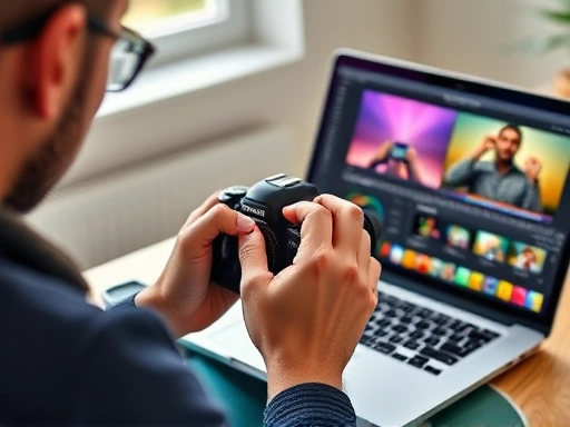 A person using a camera and a laptop simultaneously, showing the creative workflow of freelance photography and video editing, vibrant colors, close-up on hands and screens, professional setting, natural light. 