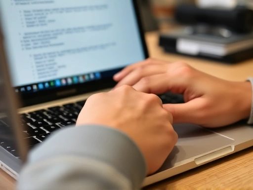 A close-up shot of a person's hands typing on a laptop keyboard, with translation software or a document visible on the screen, emphasizing the detail and precision of translation work.