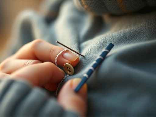 A close-up shot of hands carefully sewing a button onto a fabric, with a needle and white thread visible. The background is slightly blurred, focusing on the precision of the stitching and the texture of the fabric. Warm, inviting light.