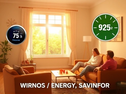 A cozy, warm living room with sunlight filtering through an insulated window, a thermostat showing ideal temperature, and a family comfortably enjoying the space, emphasizing warmth and energy saving.